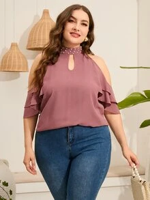 Blusa con cuenta de perla de cuello con abertura de ojo de hombros descubiertos - Rosa vieja - Ver 3