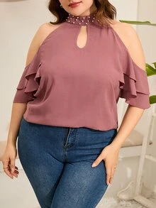 Blusa con cuenta de perla de cuello con abertura de ojo de hombros descubiertos - Rosa vieja - Ver 6