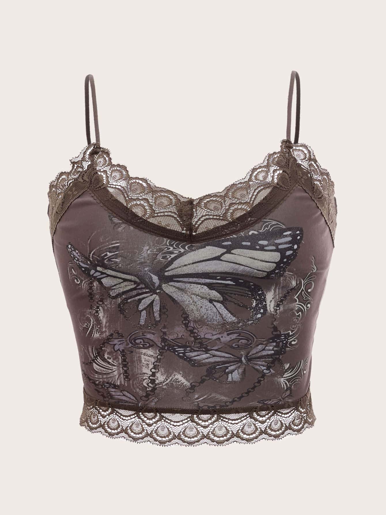 ROMWE Goth Top de tirantes con estampado de mariposa ribete con encaje - Marrón - Ver 1