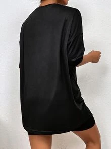 SHEIN MOOSTA Letter Graphic Drop Shoulder Tee & Cycling Shorts Set - Black - View 2