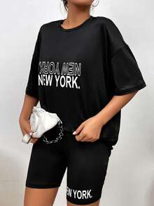 SHEIN MOOSTA Letter Graphic Drop Shoulder Tee & Cycling Shorts Set - Black - View 3