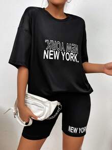 SHEIN MOOSTA Letter Graphic Drop Shoulder Tee & Cycling Shorts Set - Black - View 5