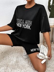 SHEIN MOOSTA Letter Graphic Drop Shoulder Tee & Cycling Shorts Set - Black - View 6