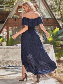 Off The Shoulder Foldover High Low Belted Dress - Navy Blue - View 2