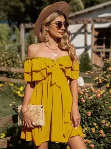 SHEIN Holidaya 一字肩木耳褶皺邊前打結荷葉邊洋裝 - 芥末黃 - 查看 5