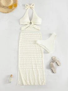 Swim Vcay Summer Beach Hollow Out Slit Hem Halter Cover Up With Bikini Panty - Beige - View 6