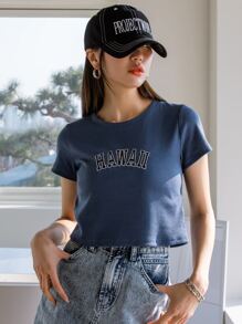 DAZY Letter Embroidery Round Neck Crop Tee - Navy Blue - View 9