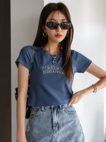 DAZY Letter Embroidery Round Neck Crop Tee - Navy Blue - View 5