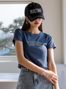 DAZY Letter Embroidery Round Neck Crop Tee - Navy Blue - View 6
