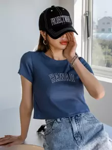 DAZY Letter Embroidery Round Neck Crop Tee - Navy Blue - View 8