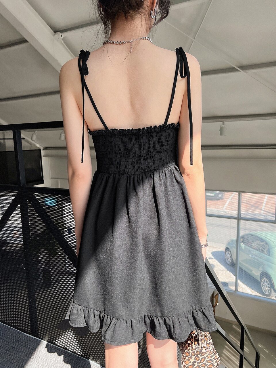 Tie Shoulder Ruched Bust Ruffle Hem Cami Dress