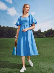 Seusyu 方領燈籠袖連衣裙 - 藍色 - 查看 1