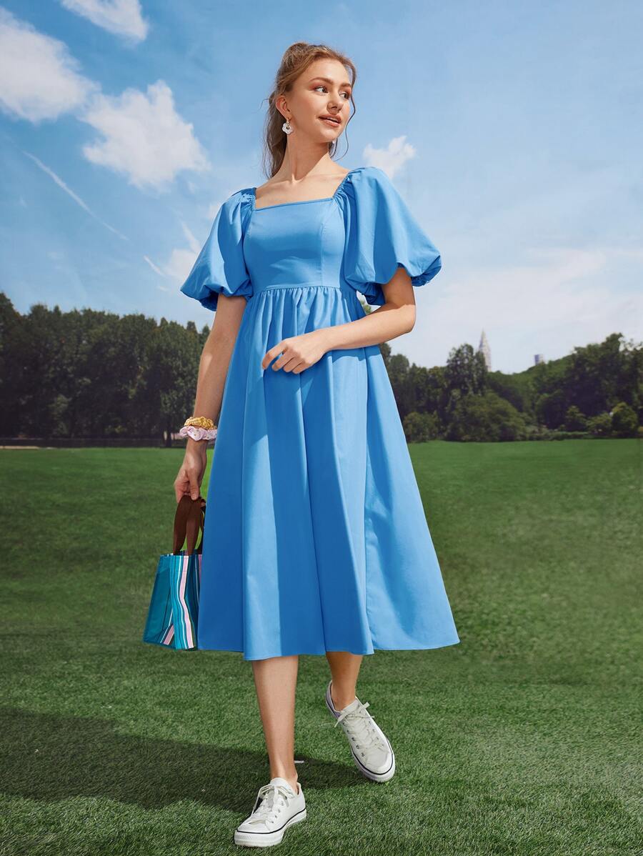 Seusyu 方領燈籠袖連衣裙 - 藍色 - 查看 1