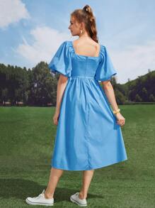 Seusyu 方領燈籠袖連衣裙 - 藍色 - 查看 2