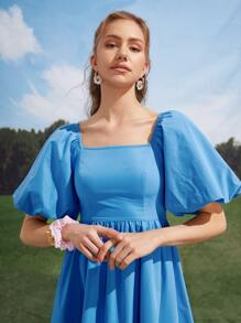 Seusyu 方領燈籠袖連衣裙 - 藍色 - 查看 3