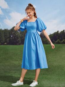 Seusyu 方領燈籠袖連衣裙 - 藍色 - 查看 4