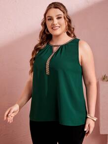 SHEIN LUNE 大碼幾何織帶鎖眼領口背心上衣 - 墨綠色 - 查看 4