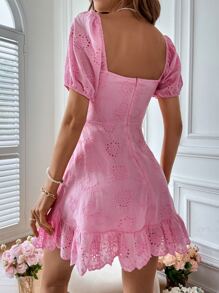 SHEIN VCAY Vestido con bordado con ojal girante de manga farol bajo con fruncido - Rosa - Ver 2