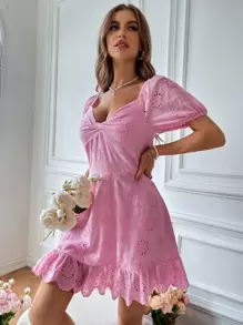SHEIN VCAY Vestido con bordado con ojal girante de manga farol bajo con fruncido - Rosa - Ver 5