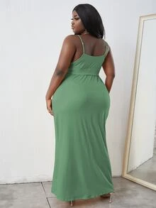 Plus Solid Belted Cami Dress - Green - View 2