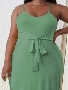Plus Solid Belted Cami Dress - Green - View 3