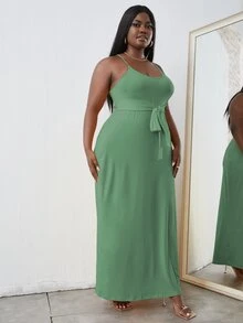 Plus Solid Belted Cami Dress - Green - View 4