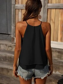 SHEIN LUNE Layered Hem Keyhole Back Halter Top - Black - View 2