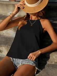 SHEIN LUNE Layered Hem Keyhole Back Halter Top - Black - View 6