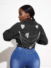 SHEIN SXY Chain Detail Ripped Raw Hem Denim Jacket - Black - View 1