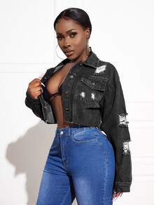 SHEIN SXY Chain Detail Ripped Raw Hem Denim Jacket - Black - View 3
