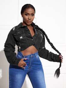 SHEIN SXY Chain Detail Ripped Raw Hem Denim Jacket - Black - View 4