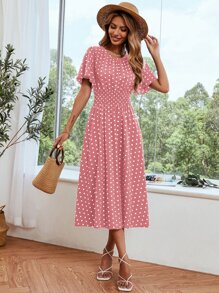 Breezaya 波點圖案蝴蝶袖打攬連衣裙 - 藕粉色 - 查看 3