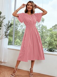 Breezaya 波點圖案蝴蝶袖打攬連衣裙 - 藕粉色 - 查看 4