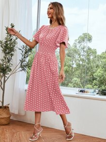 Breezaya 波點圖案蝴蝶袖打攬連衣裙 - 藕粉色 - 查看 5