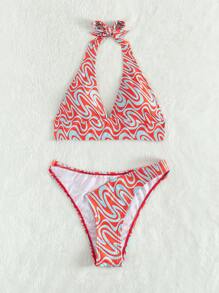 Random Fluid Print Cut-Out Halter Bikini Set Summer Beach - Multicolor - View 1