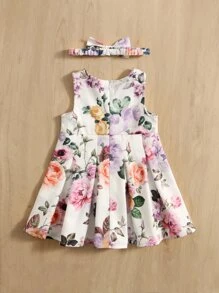 SHEIN Baby Floral Print Fold Pleated Dress With Headband - Multicolor - View 2
