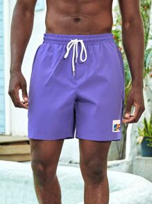Manfinity Men Letter Patched Detail Drawstring Waist Shorts - Violet Purple - View 3