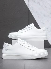 Men Letter Embroidered Lace-Up Front Skate Shoes  Men Business Shoes - White - View 4