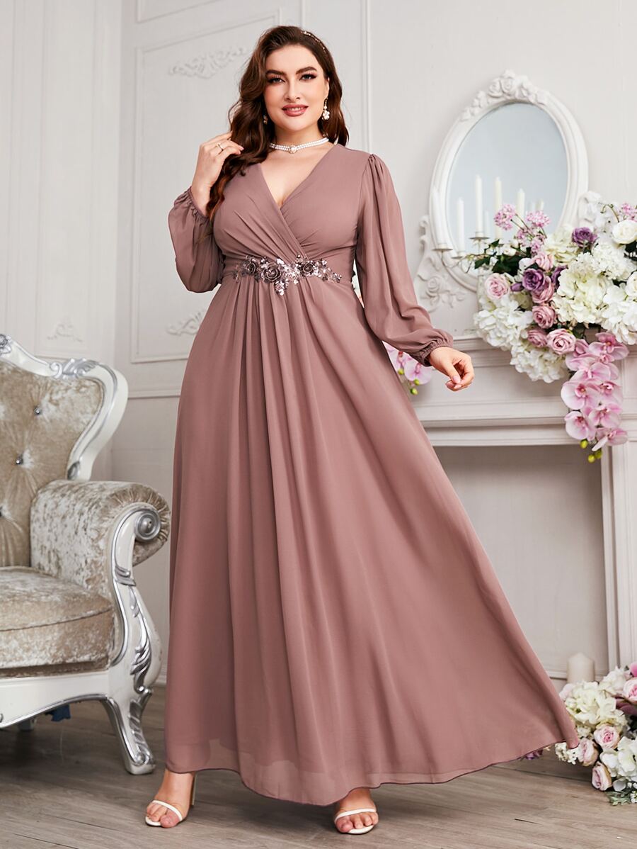 SHEIN Belle Plus Contrast Sequin Floral Applique Wrap Chiffon Bridesmaid Dress Elegant Long Sleeve Formal Evening Prom Wedding Guest Gown, For Graduation, Dinner - Rusty Rose - View 1