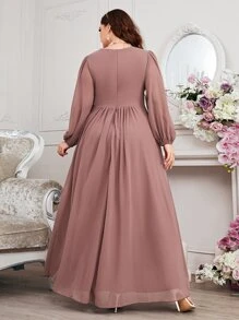 SHEIN Belle Plus Contrast Sequin Floral Applique Wrap Chiffon Bridesmaid Dress Elegant Long Sleeve Formal Evening Prom Wedding Guest Gown, For Graduation, Dinner - Rusty Rose - View 2