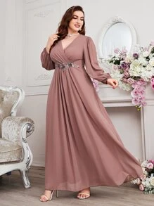 SHEIN Belle Plus Contrast Sequin Floral Applique Wrap Chiffon Bridesmaid Dress Elegant Long Sleeve Formal Evening Prom Wedding Guest Gown, For Graduation, Dinner - Rusty Rose - View 5