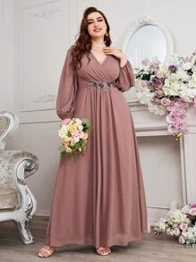 SHEIN Belle Plus Contrast Sequin Floral Applique Wrap Chiffon Bridesmaid Dress Elegant Long Sleeve Formal Evening Prom Wedding Guest Gown, For Graduation, Dinner - Rusty Rose - View 6