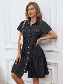 Vestido mezclilla con bolsillo con solapa con botón - Negro - Ver 1