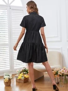 Vestido mezclilla con bolsillo con solapa con botón - Negro - Ver 2