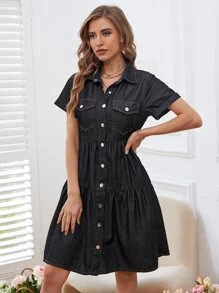 Vestido mezclilla con bolsillo con solapa con botón - Negro - Ver 4