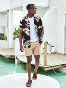 Manfinity BRENVOR Loose Fit Men's Beach Tropical Print Shirt & Drawstring Waist Shorts, Cozy Outfits, Couple Things - Apricot - View 6