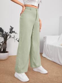 SHEIN PETITE Pantalones unicolor de talle alto - verde menta - Ver 3