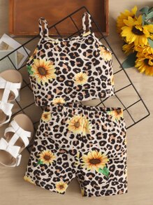 SHEIN Young Girl Leopard & Sunflower Print Cami Top & Shorts - Multicolor - View 5