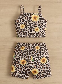 SHEIN Young Girl Leopard & Sunflower Print Cami Top & Shorts - Multicolor - View 2