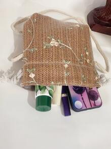 Mini Floral Embroidery Drawstring Straw Bag,Perfect For Summer Beach Travel Vacation - Brown - View 7